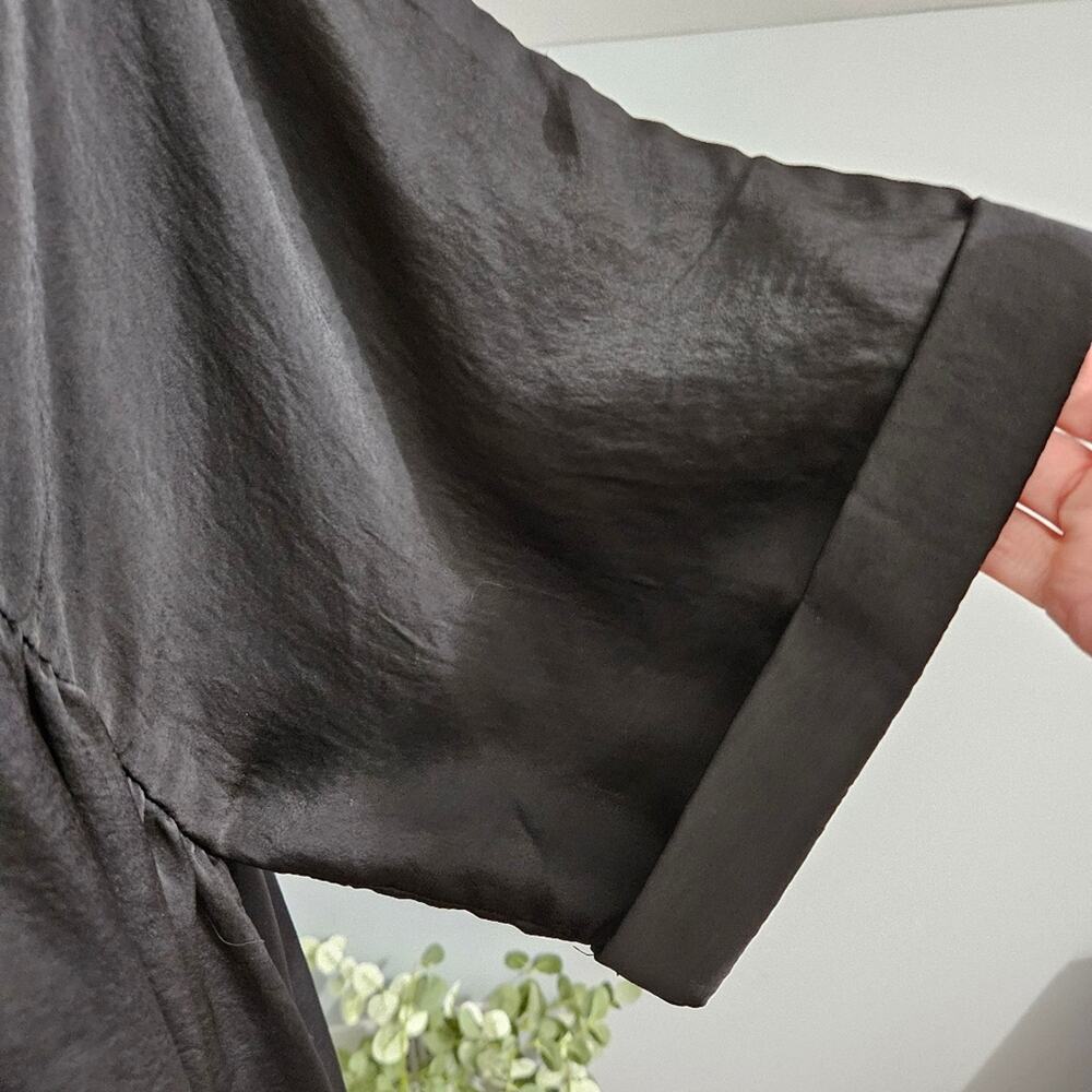 Glam Women Black Satin V-Neck Babydoll Blouse High-Low Cuffed Sleeve Top L - Picture 8 of 13